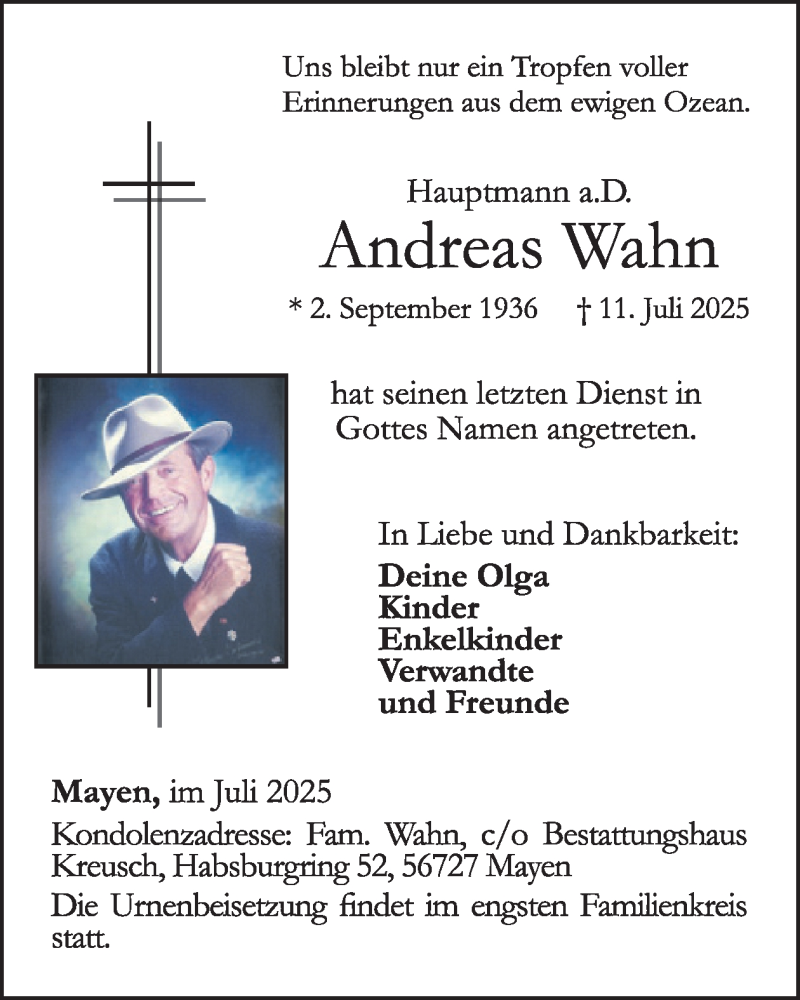  Traueranzeige für Andreas Wahn vom 23.07.2025 aus WochenSpiegel