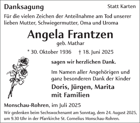 Traueranzeige von Angela Frantzen von WochenSpiegel