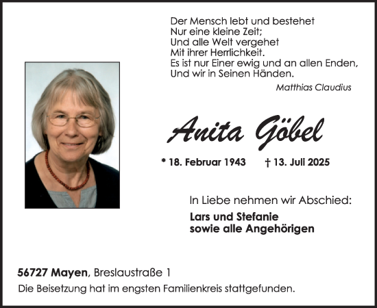 Traueranzeige von Anita Göbel von WochenSpiegel
