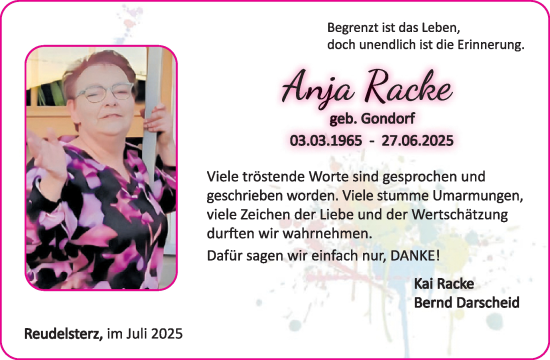 Traueranzeige von Anja Racke von WochenSpiegel