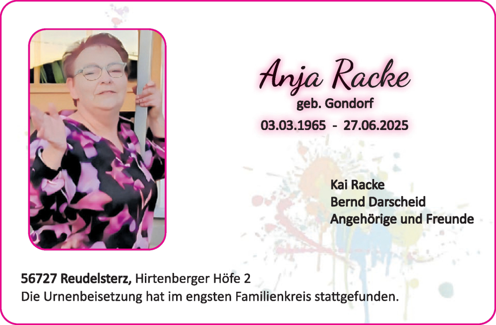  Traueranzeige für Anja Racke vom 09.07.2025 aus WochenSpiegel
