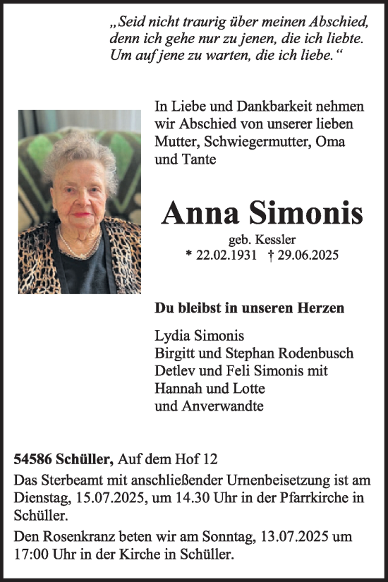 Traueranzeige von Anna Simonis von WochenSpiegel