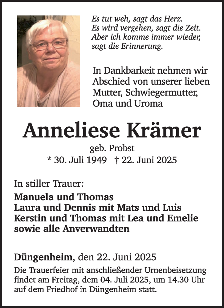  Traueranzeige für Anneliese Krämer vom 02.07.2025 aus WochenSpiegel