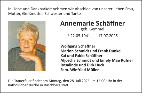Traueranzeige von Annemarie Schäffner von WochenSpiegel