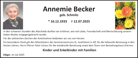 Traueranzeige von Annemie Becker von WochenSpiegel