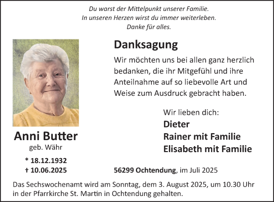 Traueranzeige von Anni Butter von WochenSpiegel