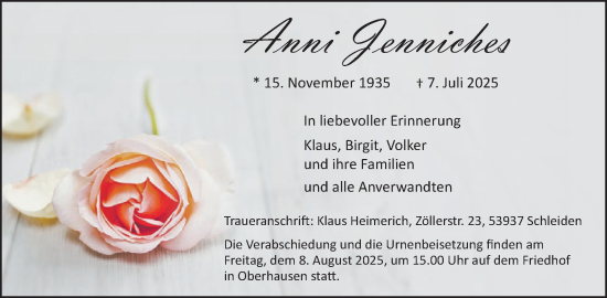 Traueranzeige von Anni Jenniches von WochenSpiegel