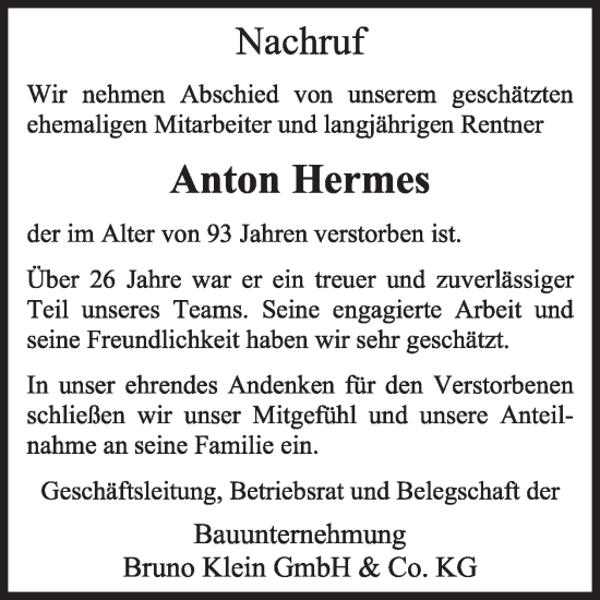 Traueranzeige von Anton Hermes von WochenSpiegel