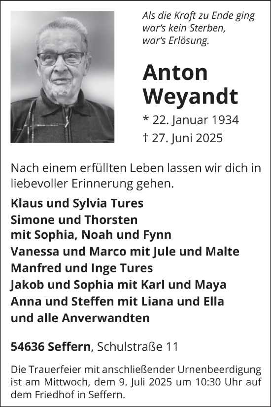 Traueranzeige von Anton Weyandt von WochenSpiegel