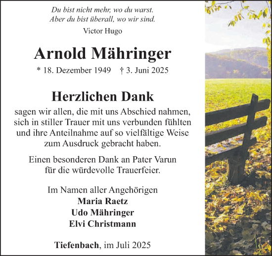 Traueranzeige von Arnold Mähringer von WochenSpiegel