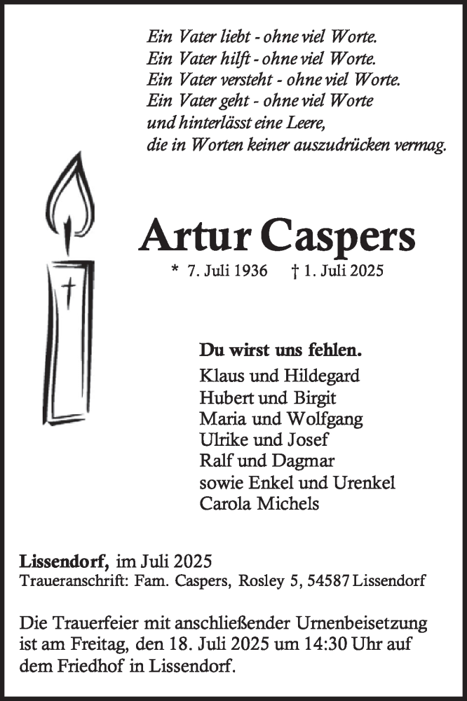  Traueranzeige für Artur Caspers vom 12.07.2025 aus WochenSpiegel