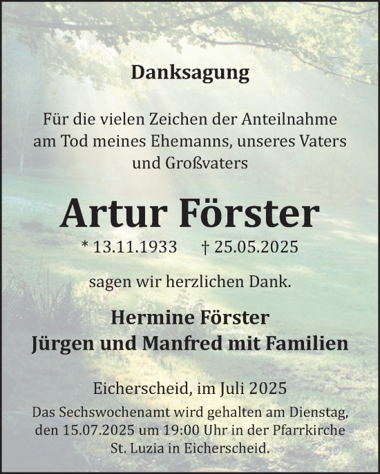 Traueranzeige von Artur Förster von WochenSpiegel