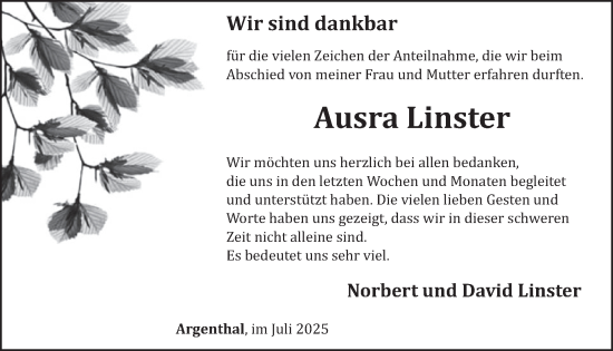 Traueranzeige von Ausra Linster von WochenSpiegel