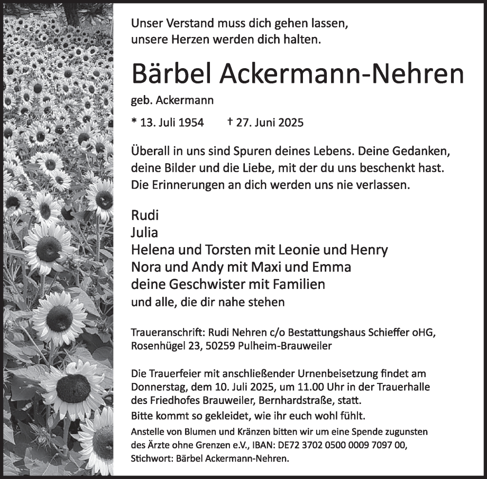  Traueranzeige für Bärbel Ackermann-Nehren vom 09.07.2025 aus WochenSpiegel