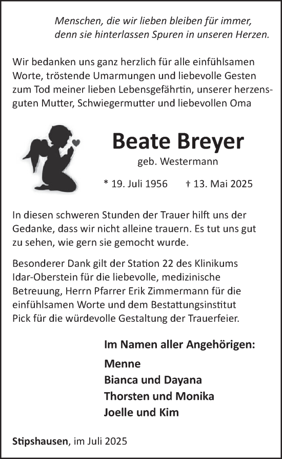 Traueranzeige von Beate Breyer von WochenSpiegel