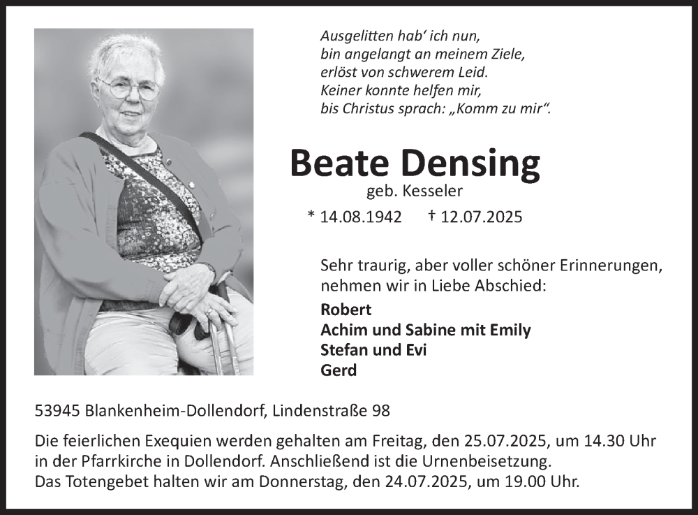  Traueranzeige für Beate Densing vom 19.07.2025 aus WochenSpiegel