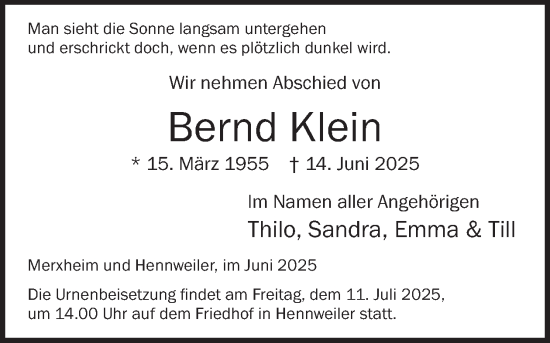 Traueranzeige von Bernd Klein von WochenSpiegel