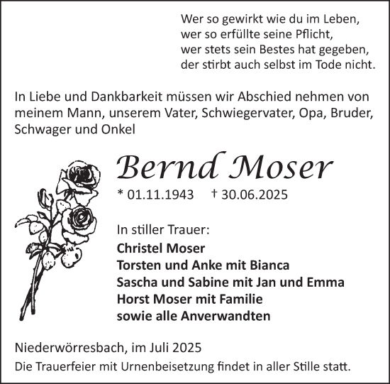 Traueranzeige von Bernd Moser von WochenSpiegel