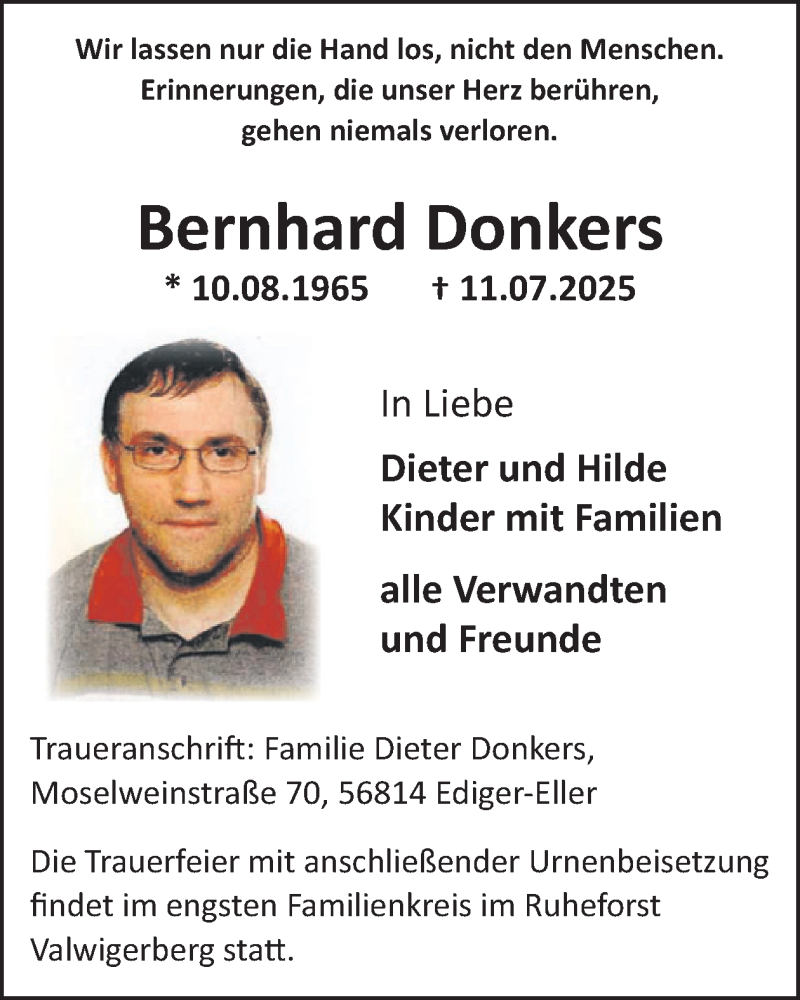  Traueranzeige für Bernhard Donkers vom 23.07.2025 aus WochenSpiegel