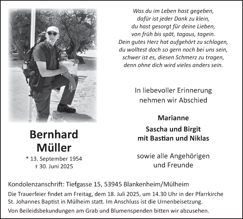  Traueranzeige für Bernhard Müller vom 09.07.2025 aus WochenSpiegel