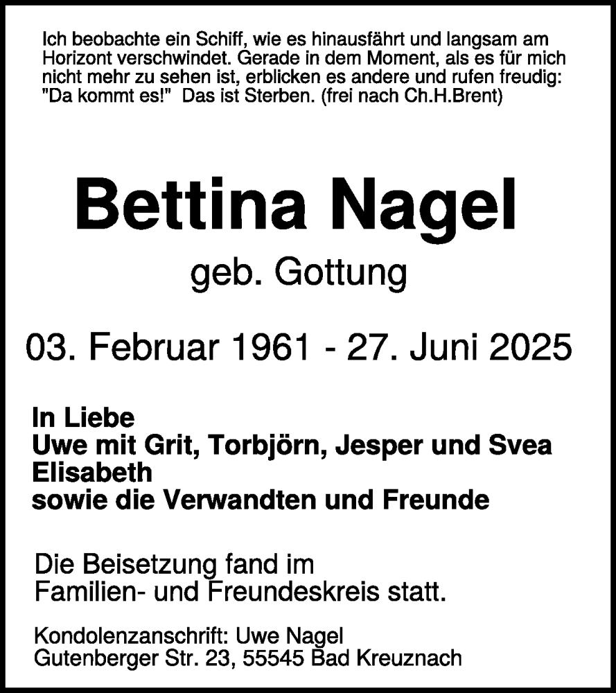  Traueranzeige für Bettina Nagel vom 19.07.2025 aus WochenSpiegel