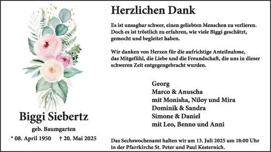 Traueranzeige von Biggi Siebertz von WochenSpiegel