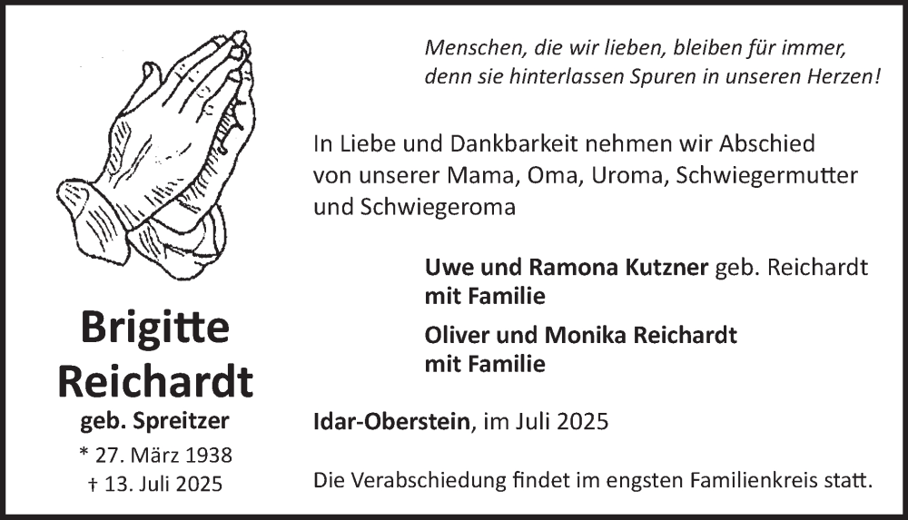  Traueranzeige für Brigitte Reichardt vom 26.07.2025 aus WochenSpiegel