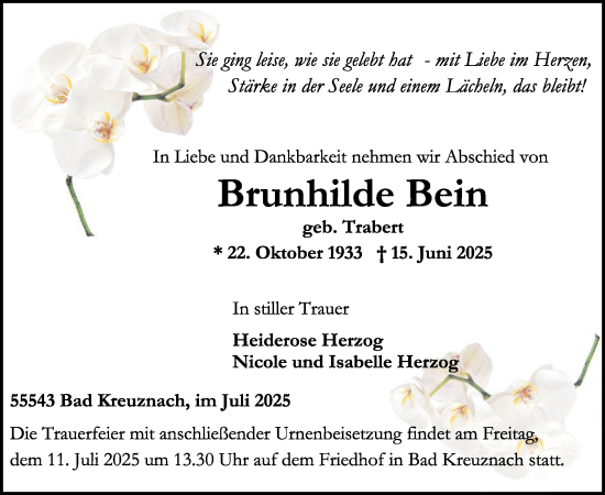 Traueranzeige von Brunhilde Bein von WochenSpiegel