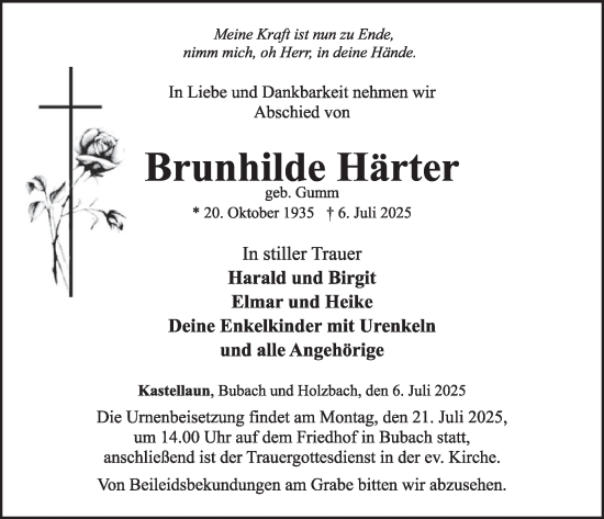 Traueranzeige von Brunhilde Härter von WochenSpiegel