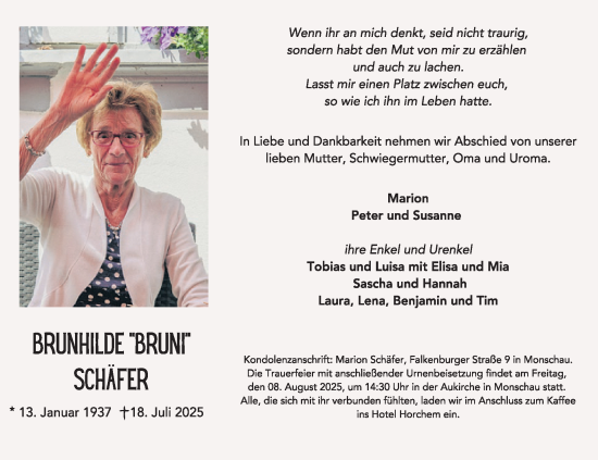 Traueranzeige von Brunhilde Schäfer von WochenSpiegel