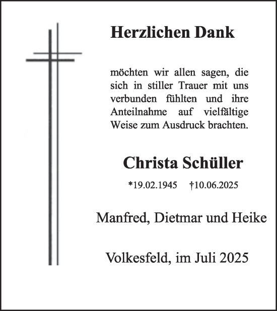 Traueranzeige von Christa Schüller von WochenSpiegel