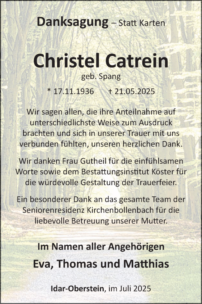  Traueranzeige für Christel Catrein vom 19.07.2025 aus WochenSpiegel