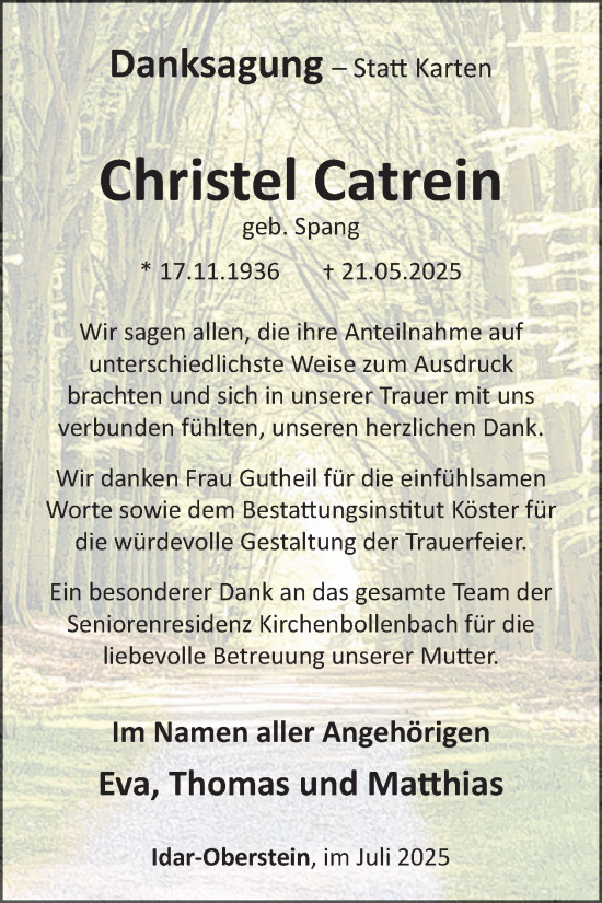 Traueranzeige von Christel Catrein von WochenSpiegel