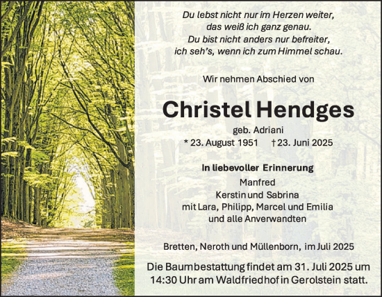 Traueranzeige von Christel Hendges von WochenSpiegel