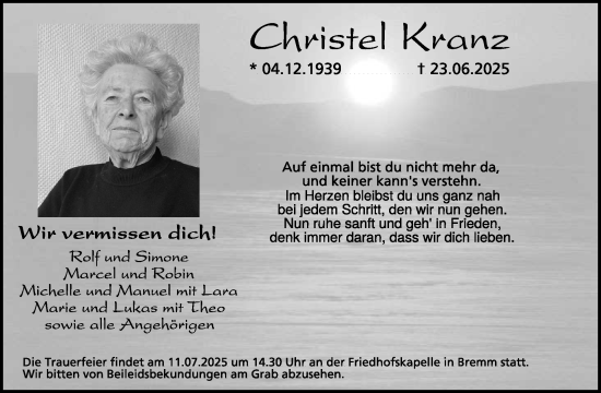 Traueranzeige von Christel Kranz von WochenSpiegel