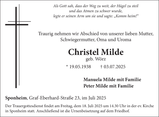 Traueranzeige von Christel Milde von WochenSpiegel