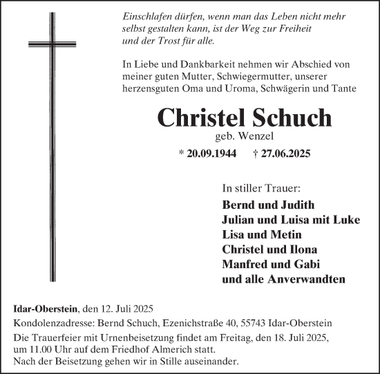 Traueranzeige von Christel Schuch von WochenSpiegel