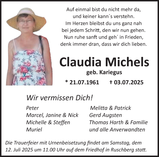 Traueranzeige von Claudia Michels von WochenSpiegel