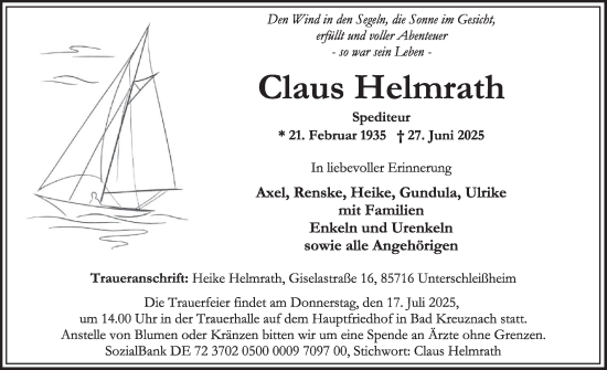 Traueranzeige von Claus Helmrath von WochenSpiegel
