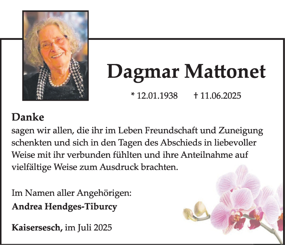  Traueranzeige für Dagmar Mattonet vom 23.07.2025 aus WochenSpiegel
