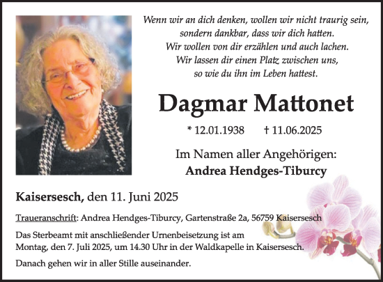 Traueranzeige von Dagmar Mattonet von WochenSpiegel