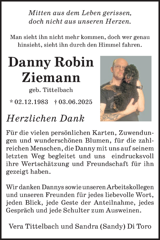 Traueranzeige von Danny Robin Ziemann von WochenSpiegel
