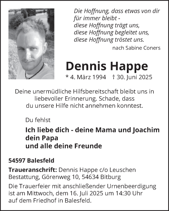 Traueranzeige von Dennis Happe von WochenSpiegel