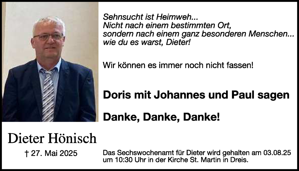  Traueranzeige für Dieter Hönisch vom 25.07.2025 aus WochenSpiegel