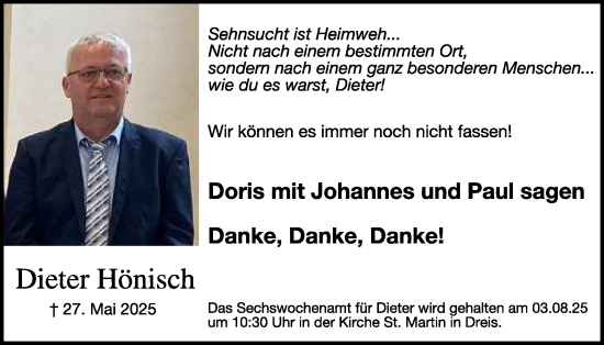 Traueranzeige von Dieter Hönisch von WochenSpiegel