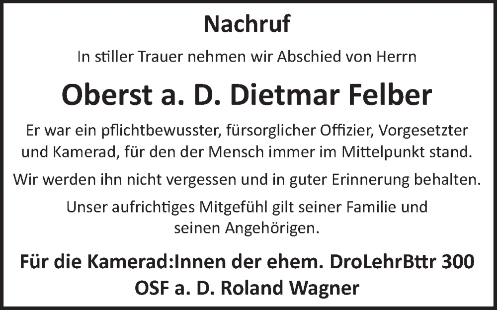  Traueranzeige für Dietmar Felber vom 26.07.2025 aus WochenSpiegel