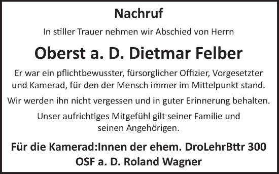 Traueranzeige von Dietmar Felber von WochenSpiegel