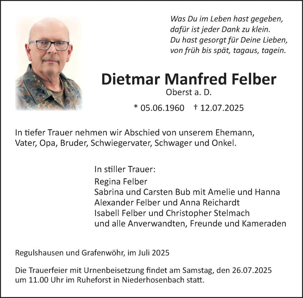  Traueranzeige für Dietmar Manfred Felber vom 19.07.2025 aus WochenSpiegel