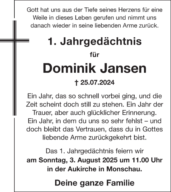 Traueranzeige von Dominik Jansen von WochenSpiegel