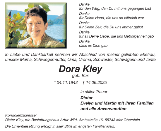 Traueranzeige von Dora Kley von WochenSpiegel